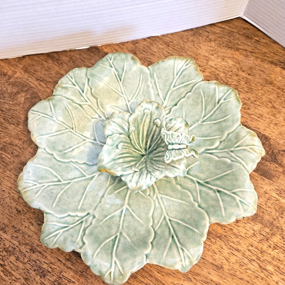 Cabbage Leaf Chip And Dip Ceramic Platter Bowl